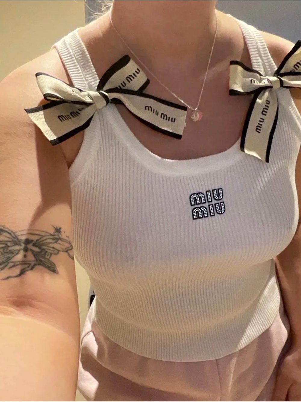 Miu Miu White Ribbed Tank Top with Logo and Bow Straps